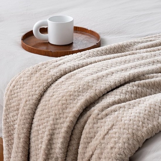 Flannel Fleece Luxury Throw Blanket, Beige Twin Size Jacquard Weave Pattern Cozy Couch/Bed Super Soft and Warm Plush Microfiber (66 x 90 inches)