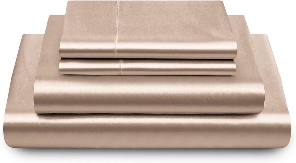 Satin Sheets Queen Silky Soft Satin Bed Sheets Amber Beige Satin Sheet Set, 1 Deep Pocket Fitted Sheet + 1 Flat Sheet + 2 Pillowcases