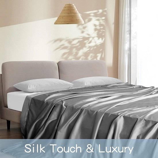 1 Piece Satin Flat Sheet,Luxury Extra Soft Silk Top Sheet-Gray Flat Bed Sheet 102×90inches，Wrinkle, Fade, Stain Resistant (Gray, Flat Sheet(90''×102''))