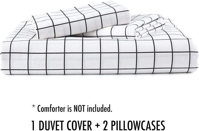 Twin Size Duvet Cover Set, White Plaid Microfiber Down Quilt Bedding Cover with Zip Ties, 2 Piece - 68x90 inch XL Extra Long