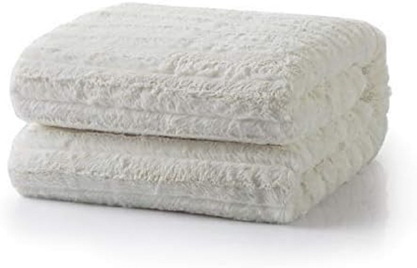 White Ivory Super Soft Warm Polar Faux Fur with Throw Blanket 63 x 87