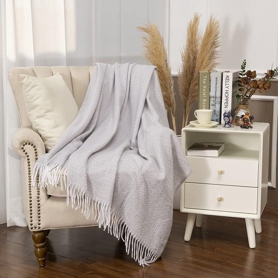 Decorative Diamond Lattice Faux Cashmere Throw Blanket Light Grey Fringe Lightweight Fuzzy Soft Cozy Throws for Sofa Bed Farmhouse Throw Blanket 50" x 60"