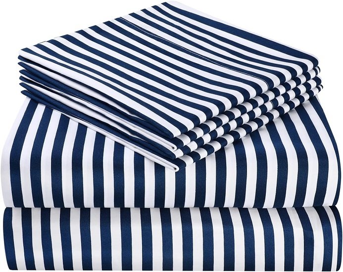 6 Piece Printed King Size Bed Sheets, Extra Soft Brushed Microfiber 1800 Bedding Pattern Sheets, Deep Pocket, Wrinkle & Fade Free, Navy Pinstripe