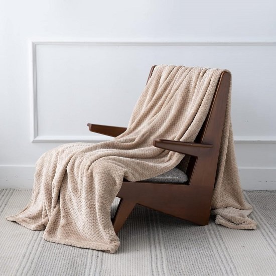 Flannel Fleece Luxury Throw Blanket, Beige Twin Size Jacquard Weave Pattern Cozy Couch/Bed Super Soft and Warm Plush Microfiber (66 x 90 inches)